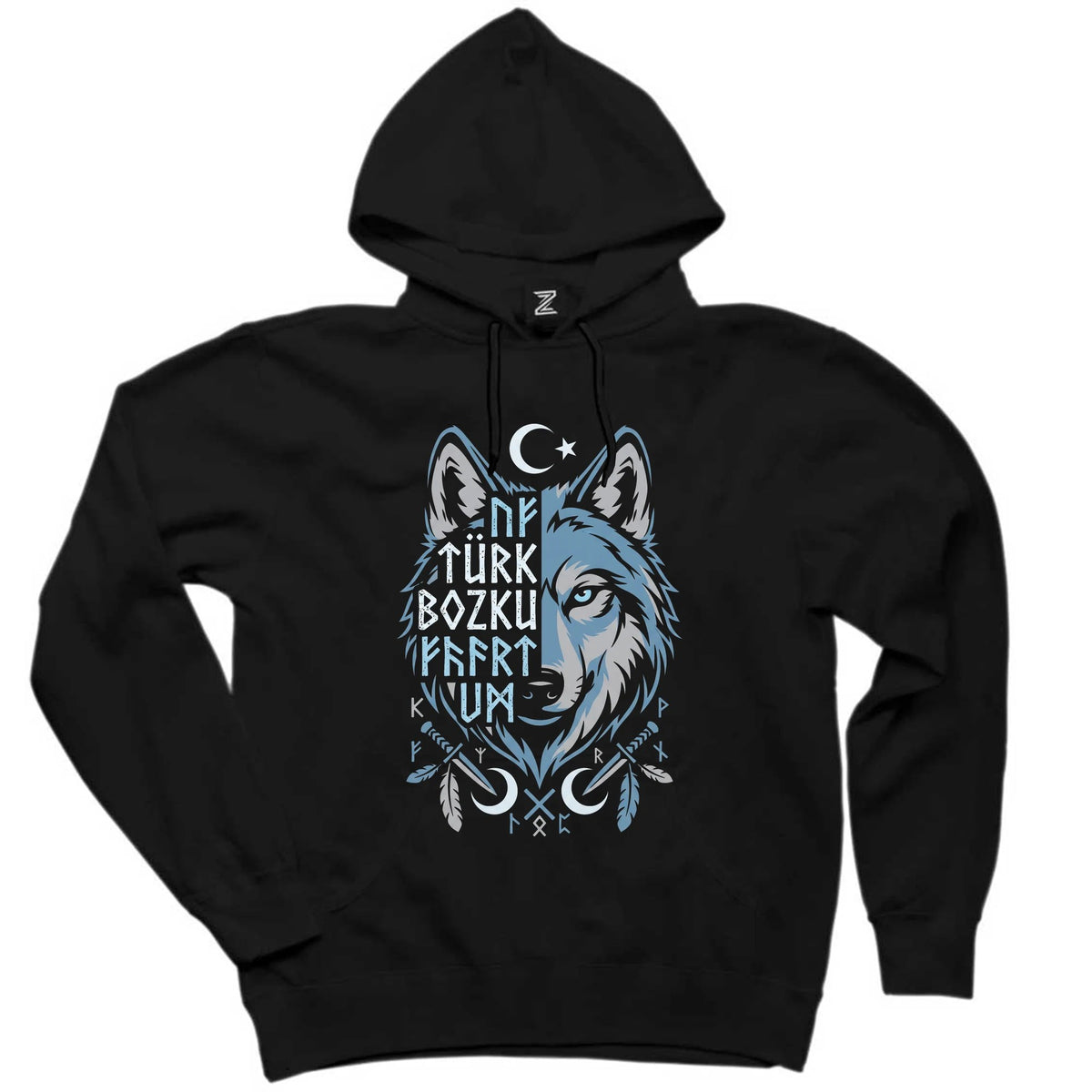 Mavi Ay Yıldızlı Türk Bozkurt Yazılı Baskılı Siyah Kapşonlu Sweatshirt Hoodie