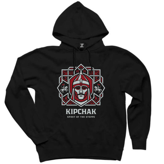 Kıpçak Savaşçı Miğferli Kırmızı Motifli Baskılı Siyah Kapşonlu Sweatshirt Hoodie
