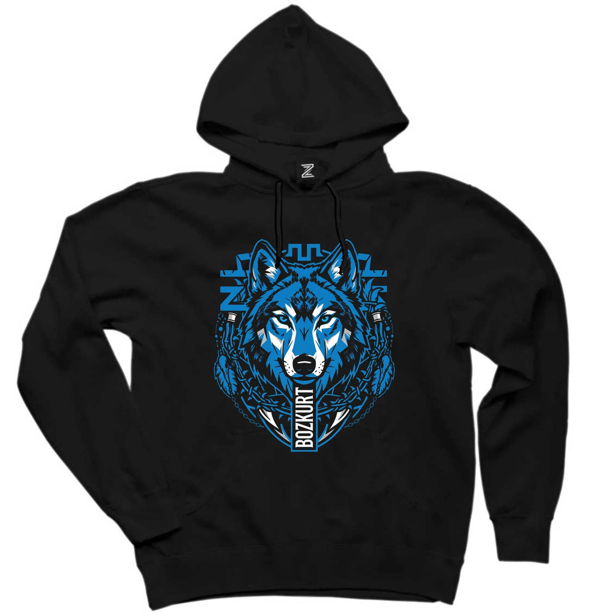 Mavi Soyut Çizgi Kurt Başı Baskılı Siyah Kapşonlu Sweatshirt Hoodie
