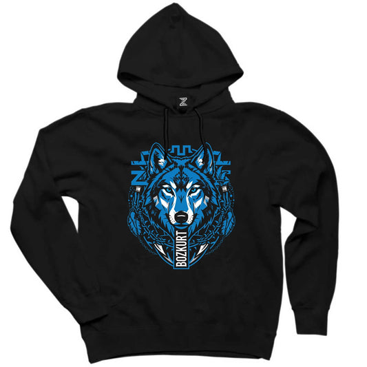 Mavi Soyut Çizgi Kurt Başı Baskılı Siyah Kapşonlu Sweatshirt Hoodie