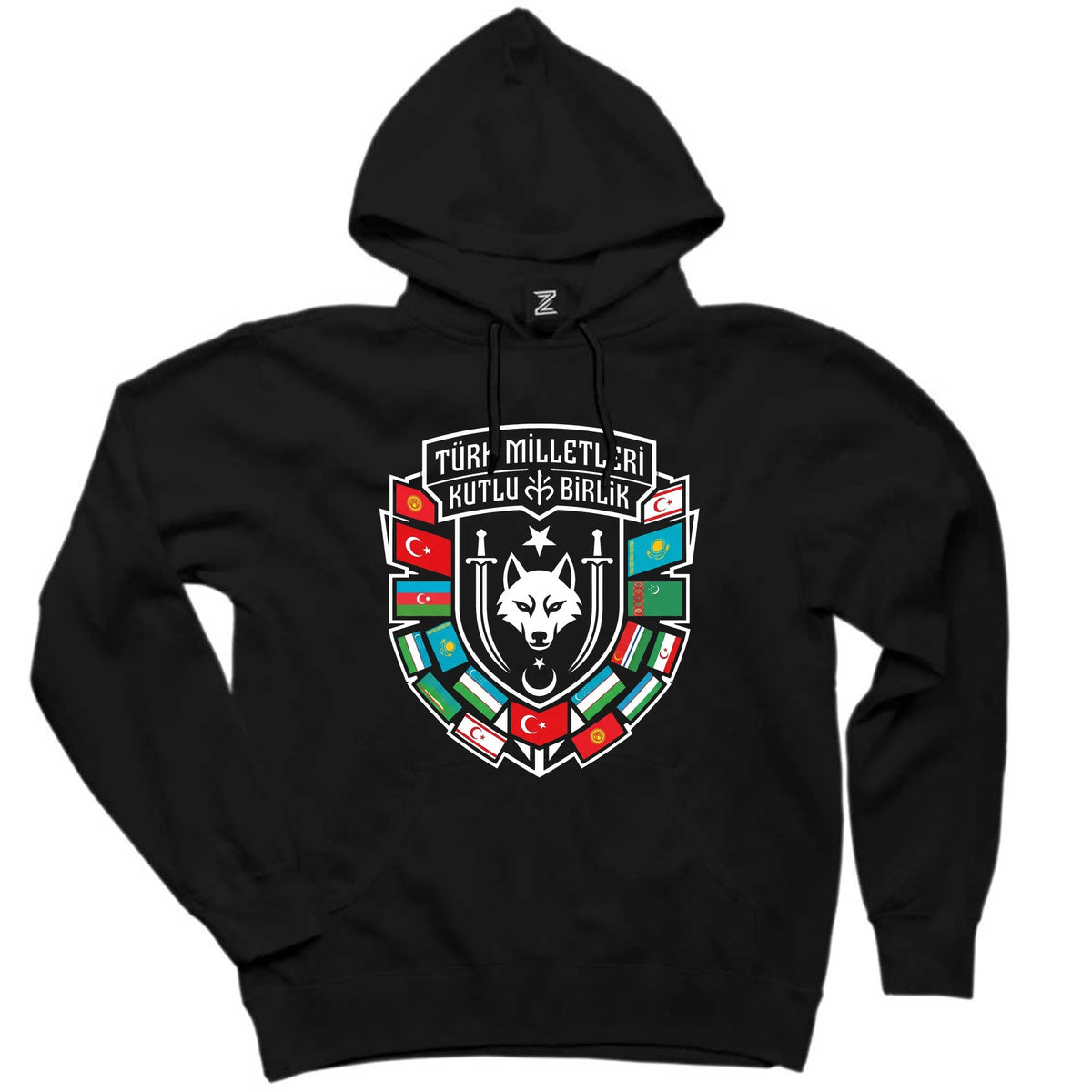Türk Dünyası Bayrakları Kalkan Amblem Baskılı Siyah Kapşonlu Sweatshirt Hoodie