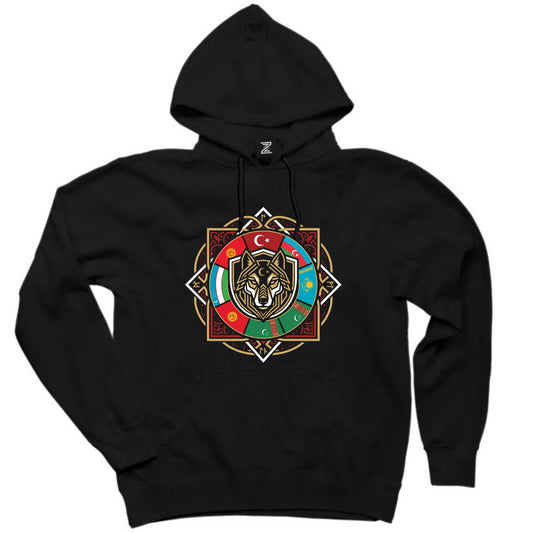 Sekizgen Mandala Bayraklı Bozkurt Baskılı Siyah Kapşonlu Sweatshirt Hoodie
