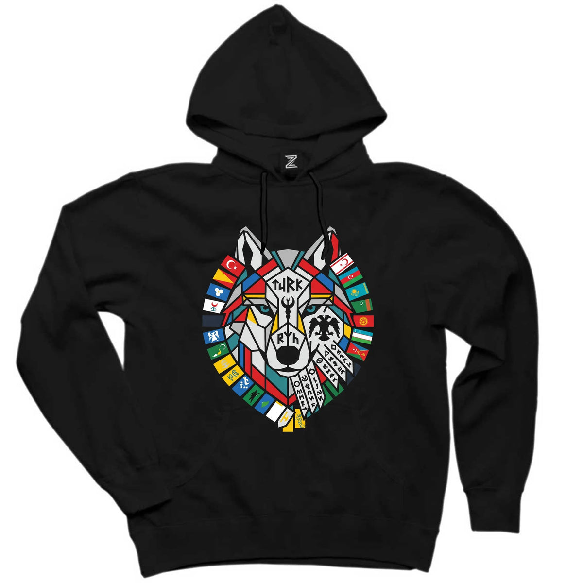 Bayrak Çelenkli Bozkurt Başı Baskılı Siyah Kapşonlu Sweatshirt Hoodie