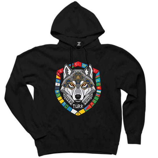 Renkli Bayrak Çerçeveli Gri Kurt Başı Baskılı Siyah Kapşonlu Sweatshirt Hoodie