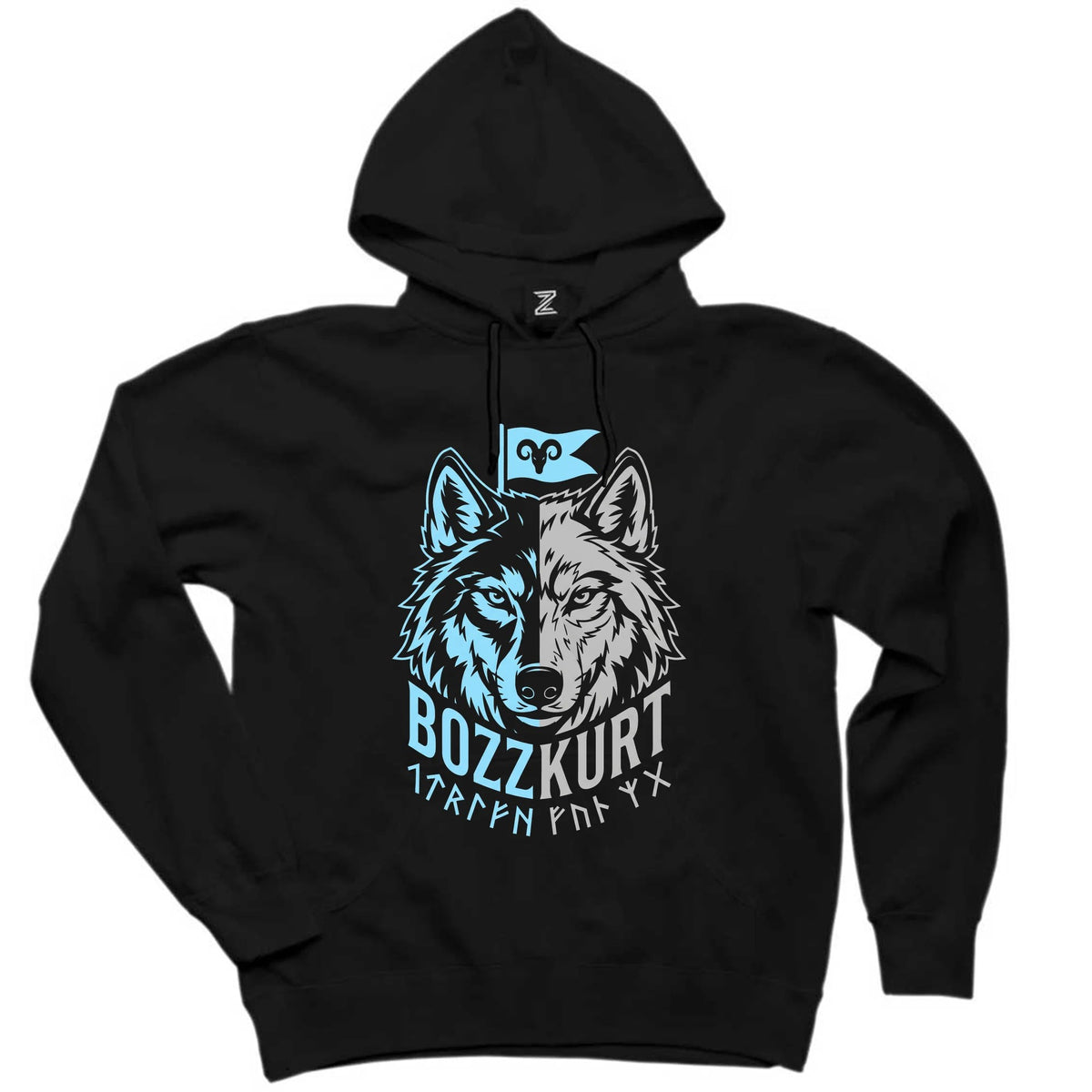 Mavi Beyaz İki Yüzlü Bozkurt Bayraklı Baskılı Siyah Kapşonlu Sweatshirt Hoodie