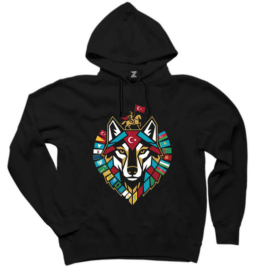 Totem Tarzı Renkli Bozkurt Amblemi Baskılı Siyah Kapşonlu Sweatshirt Hoodie
