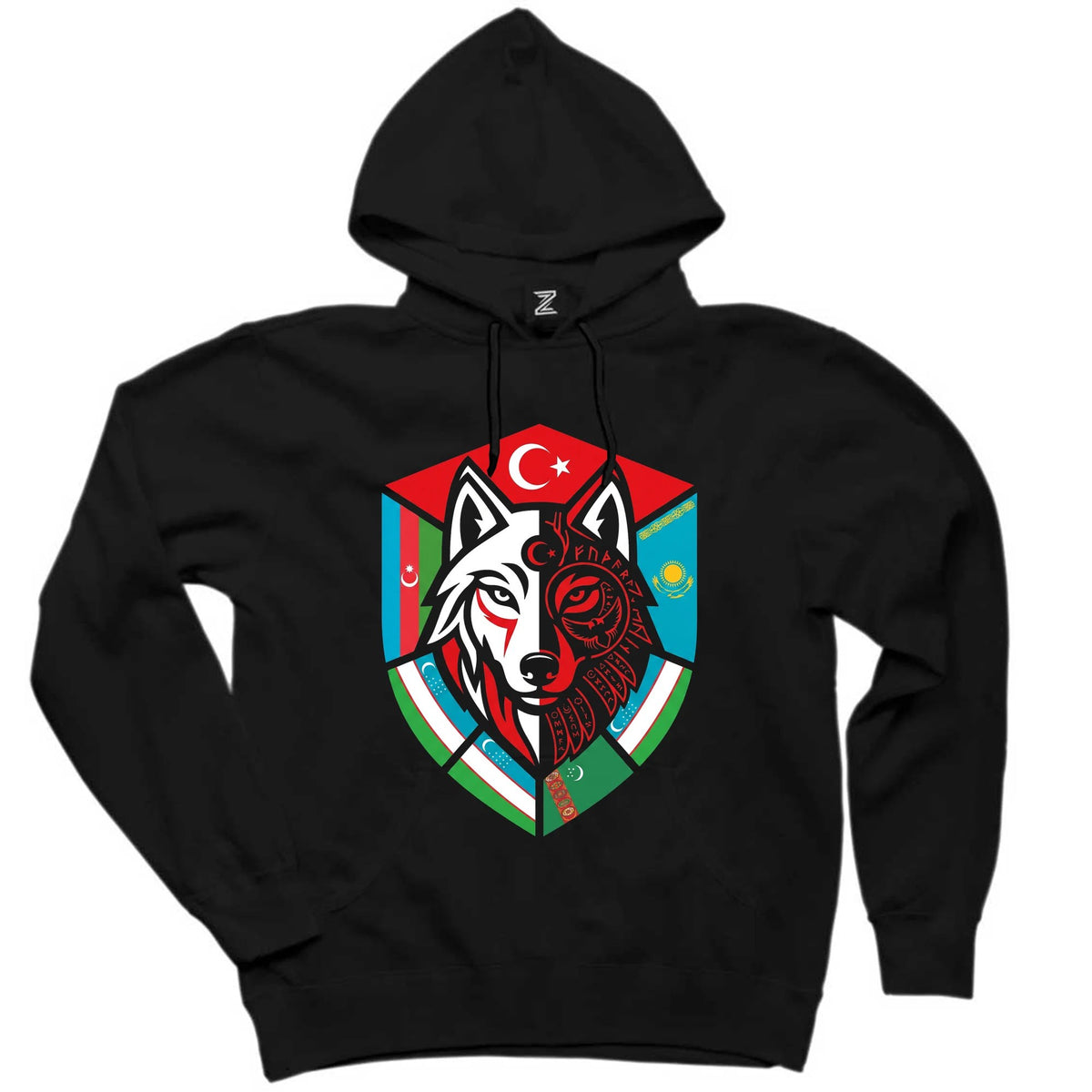Kardeş Ülke Bayraklı Kalkan Bozkurt Baskılı Siyah Kapşonlu Sweatshirt Hoodie