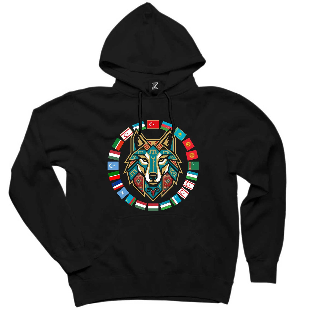 Dairesel Bayrak Çemberli Bozkurt Baskılı Siyah Kapşonlu Sweatshirt Hoodie