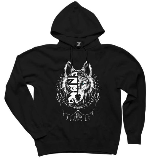 Beyaz Eskiz Tarzı Kurt Başı Baskılı Siyah Kapşonlu Sweatshirt Hoodie