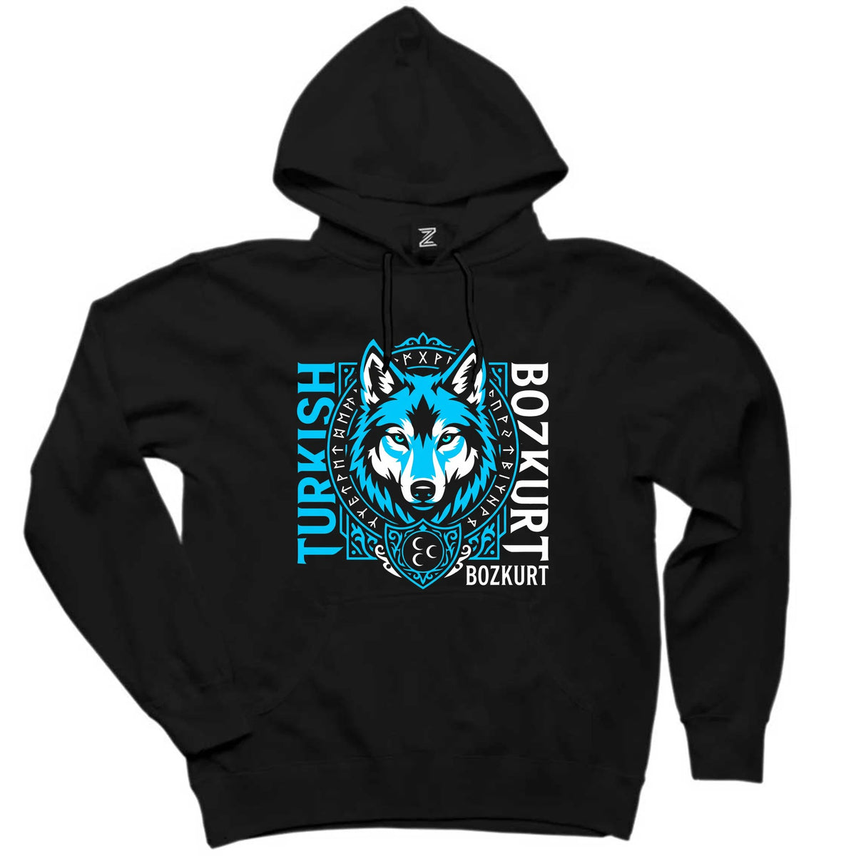 Dikey Turkish Bozkurt Tipografili Mavi Baskılı Siyah Kapşonlu Sweatshirt Hoodie