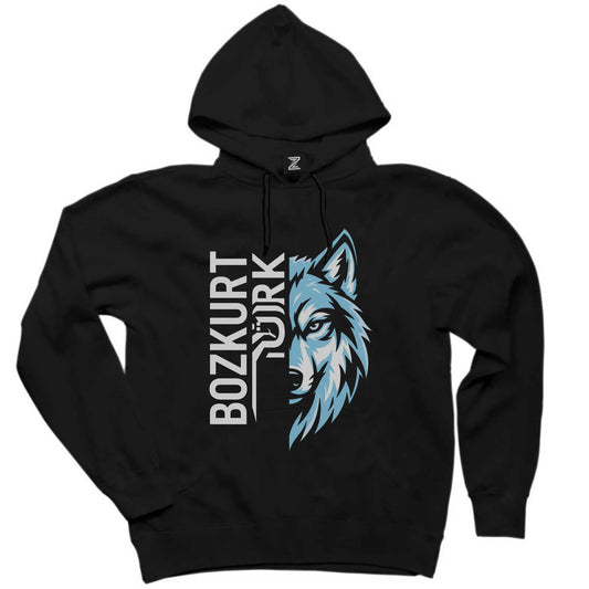 Dikey Bozkurt Türk Yazılı Mavi Kurt Profili Baskılı Siyah Kapşonlu Sweatshirt Hoodie