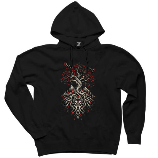 Hayat Ağacı Bozkurt Siyah Kapşonlu Sweatshirt Hoodie
