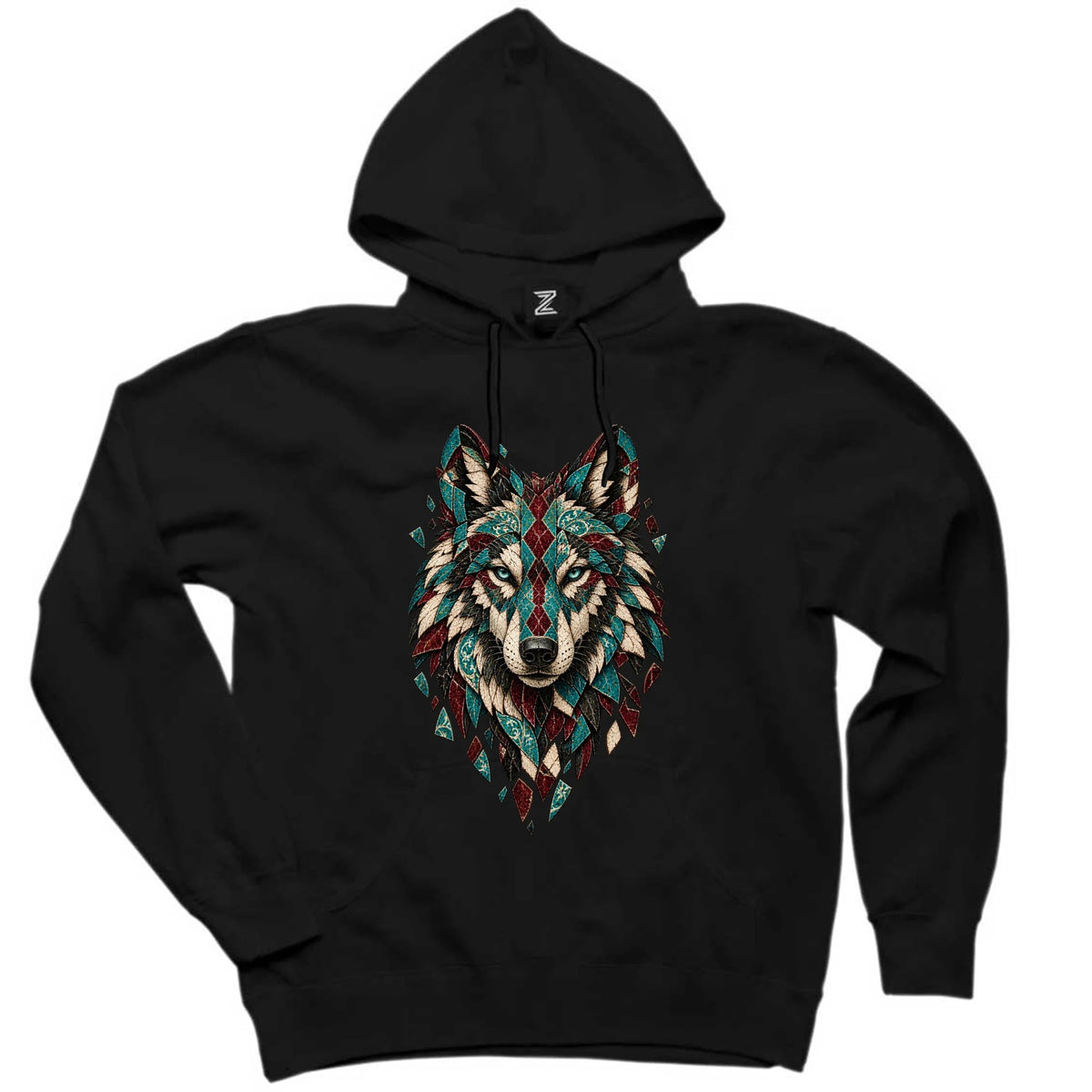 Turkuaz Mozaik Bozkurt Siyah Kapşonlu Sweatshirt Hoodie