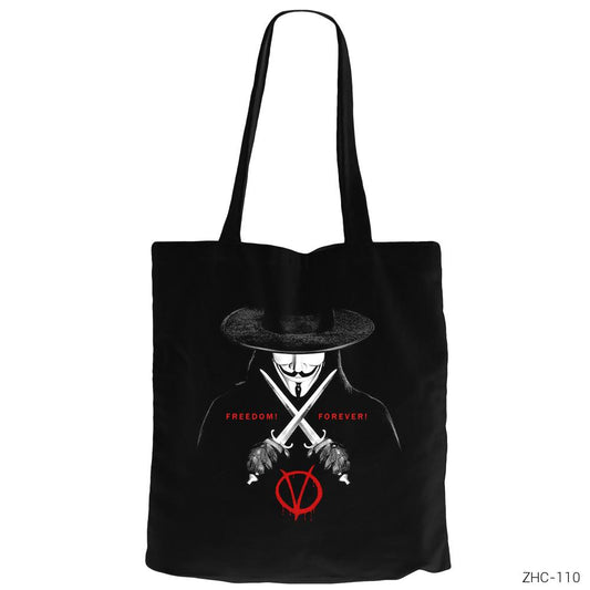 V for Vendetta Freedom Siyah Fermuarlı Bez Çanta Gabardin