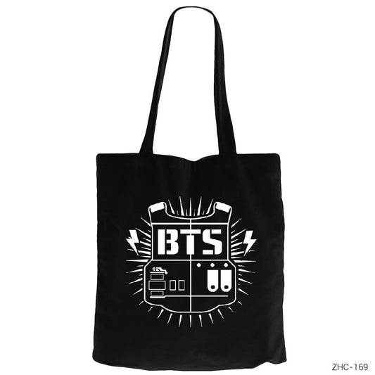 BTS Sheild Logo Siyah Fermuarlı Bez Çanta Gabardin