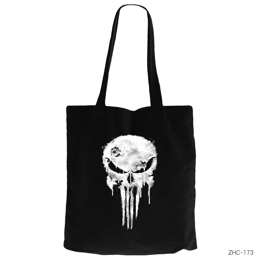 Punisher Damaged Siyah Fermuarlı Bez Çanta Gabardin