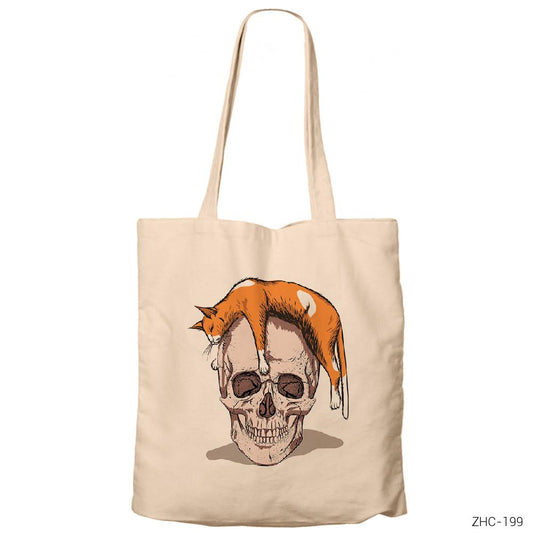 Kuru Kafada Uyuyan Kedi Krem Fermuarlı Bez Çanta Gabardin