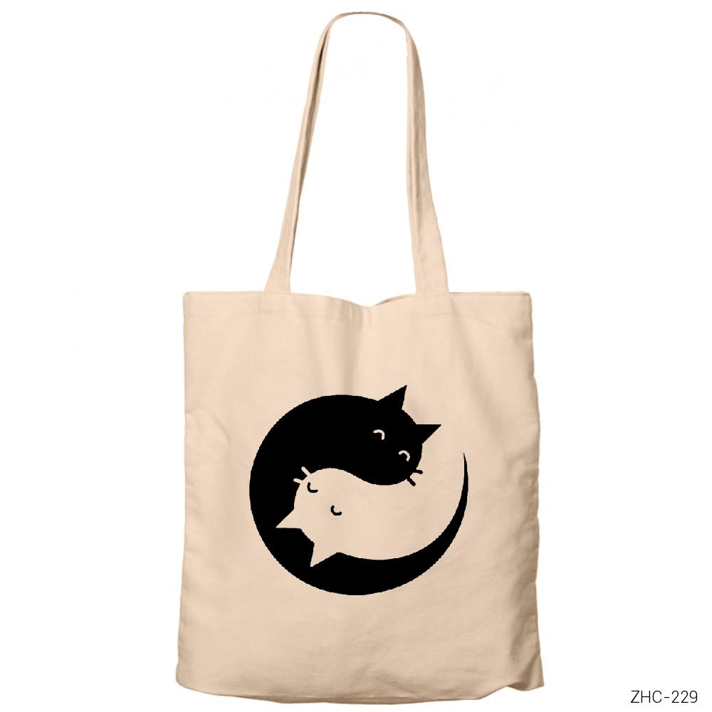 Yingan Kedi Krem Fermuarlı Bez Çanta Gabardin