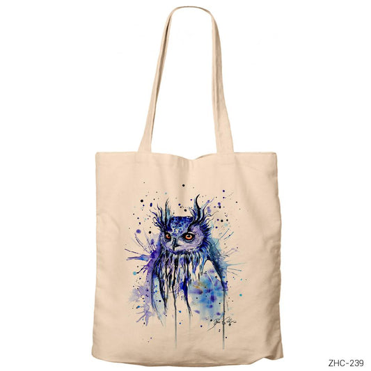 Çizim Baykuş Krem Fermuarlı Bez Çanta Gabardin