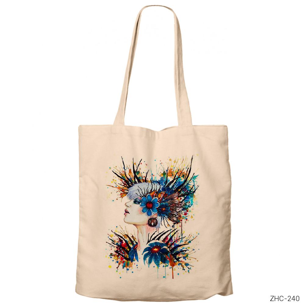 Çizim Kadın Krem Fermuarlı Bez Çanta Gabardin