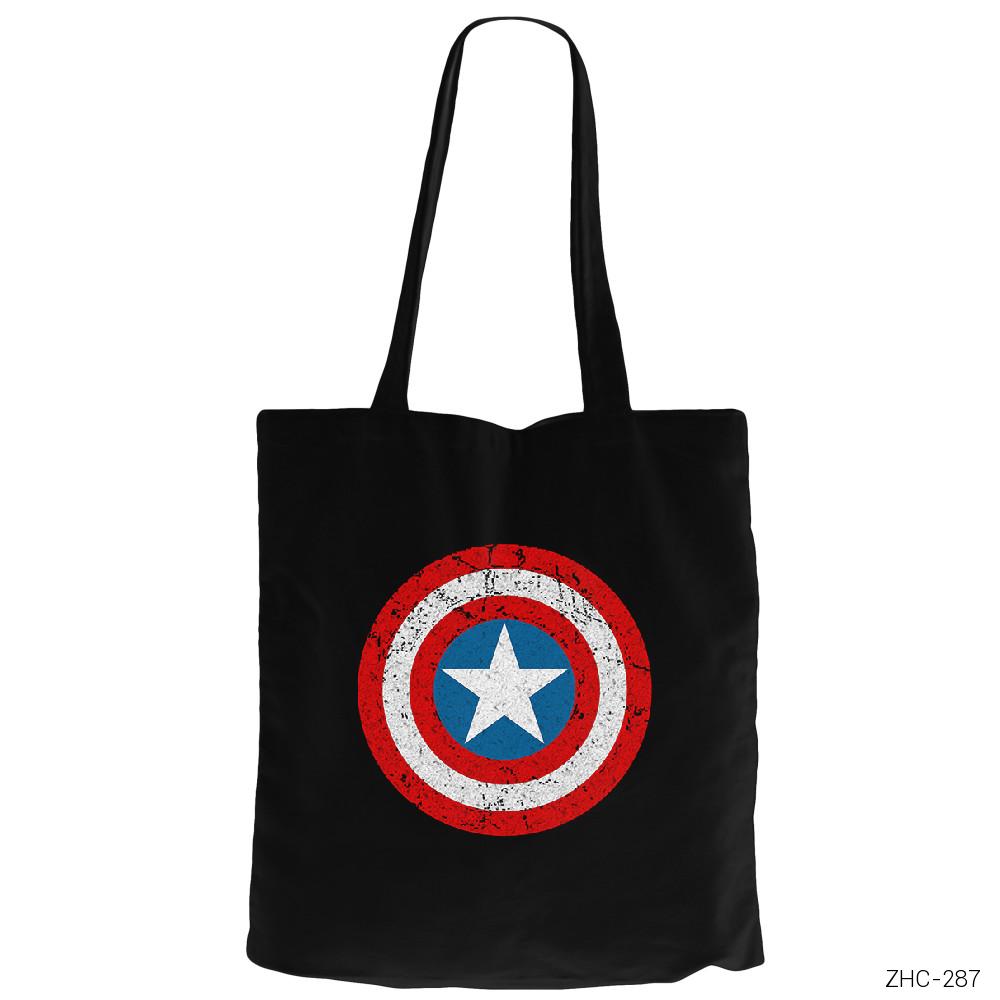 Captain America Kalkan Siyah Fermuarlı Bez Çanta Gabardin