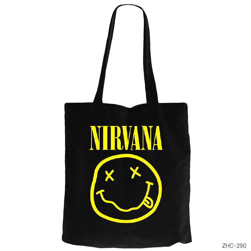 Nirvana Logo Siyah Fermuarlı Bez Çanta Gabardin