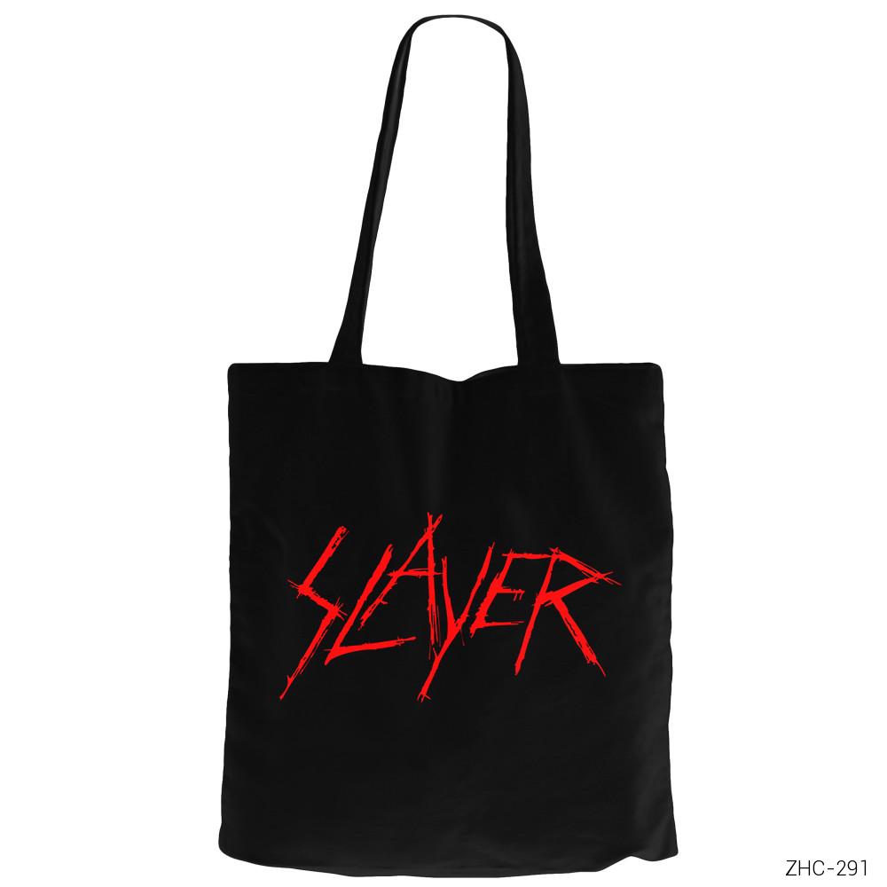 Slayer Logo Siyah Fermuarlı Bez Çanta Gabardin