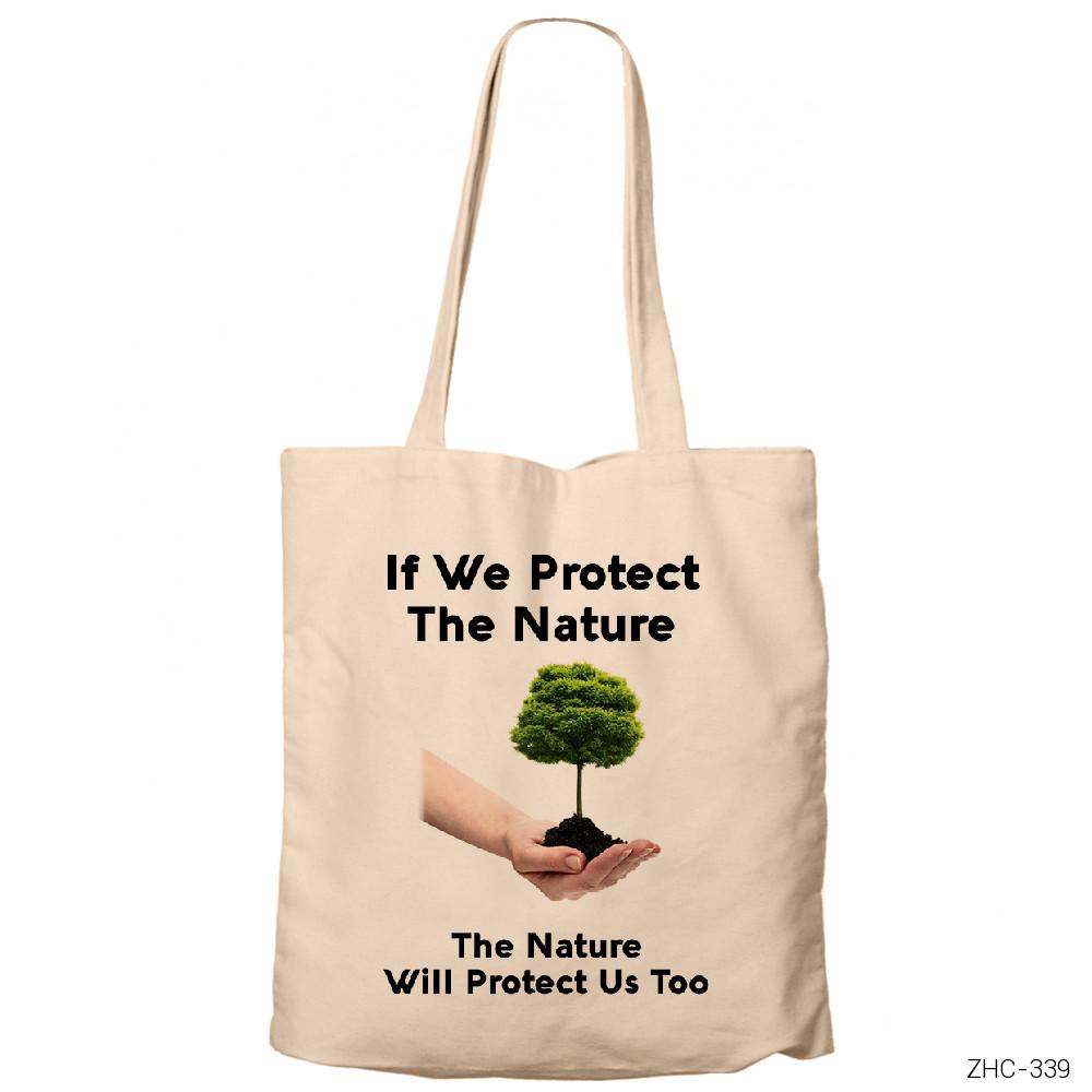 Doğayı Koru Krem Fermuarlı Bez Çanta Gabardin