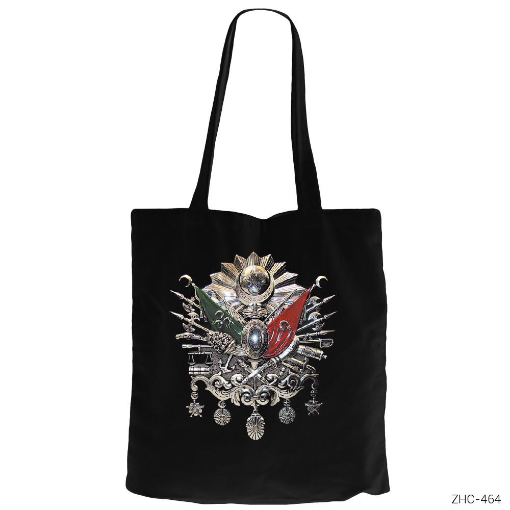 Osmanlı Arma Siyah Fermuarlı Bez Çanta Gabardin