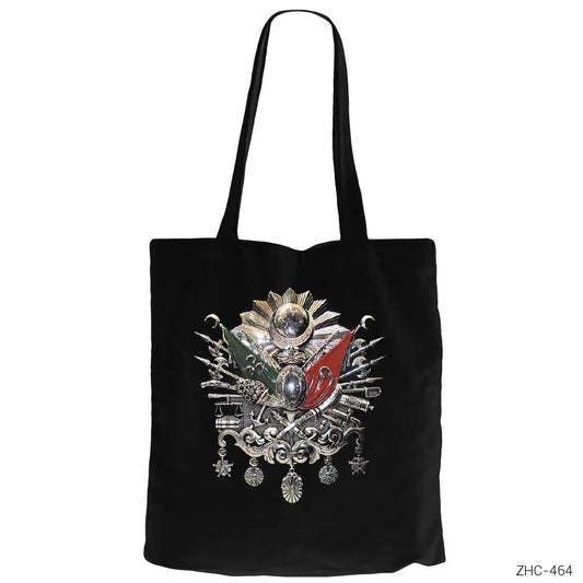 Osmanlı Arma Siyah Fermuarlı Bez Çanta Gabardin