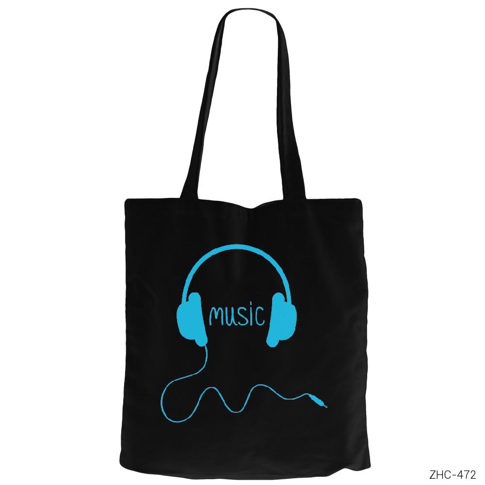 Music is Life 2 Siyah Fermuarlı Bez Çanta Gabardin