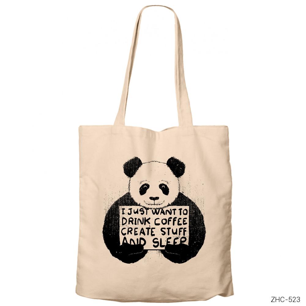 Cute Panda Krem Fermuarlı Bez Çanta Gabardin