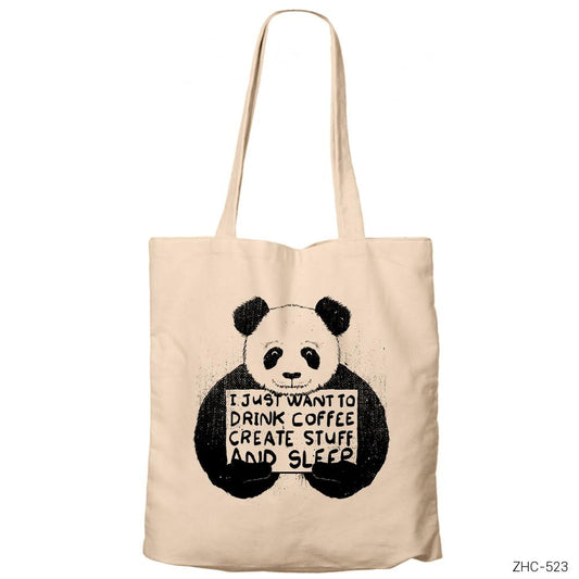 Cute Panda Krem Fermuarlı Bez Çanta Gabardin
