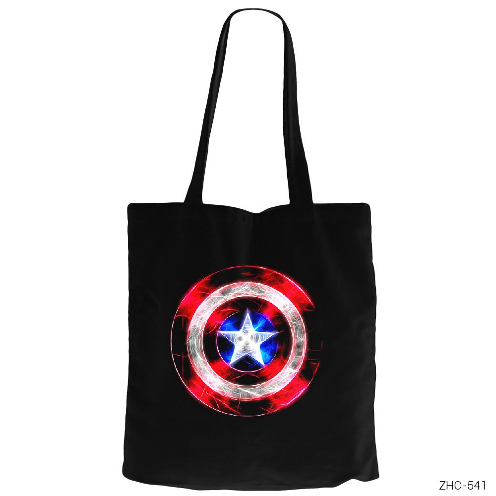 Captain America Sheild Neon Siyah Fermuarlı Bez Çanta Gabardin