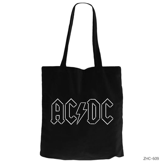 AC DC Logo Siyah Fermuarlı Bez Çanta Gabardin