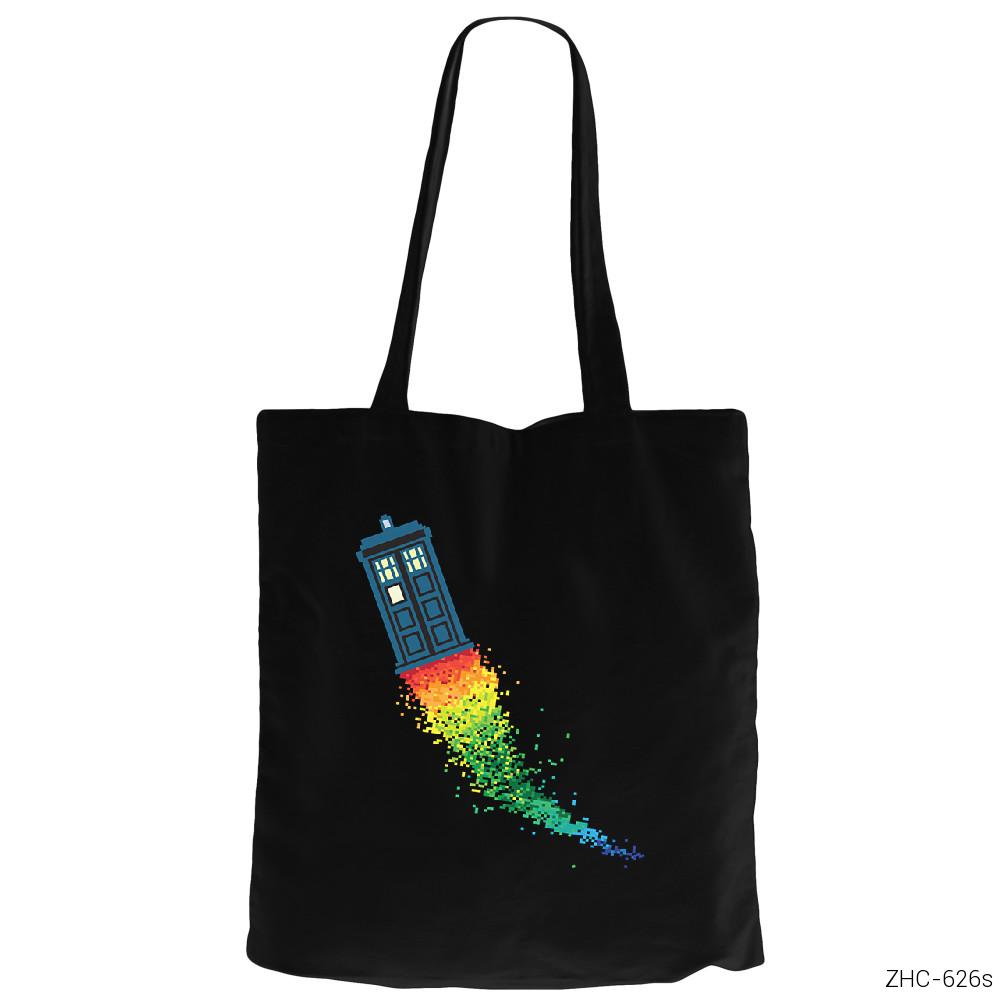 Dr. Who Tardis Rainbow Siyah Fermuarlı Bez Çanta Gabardin
