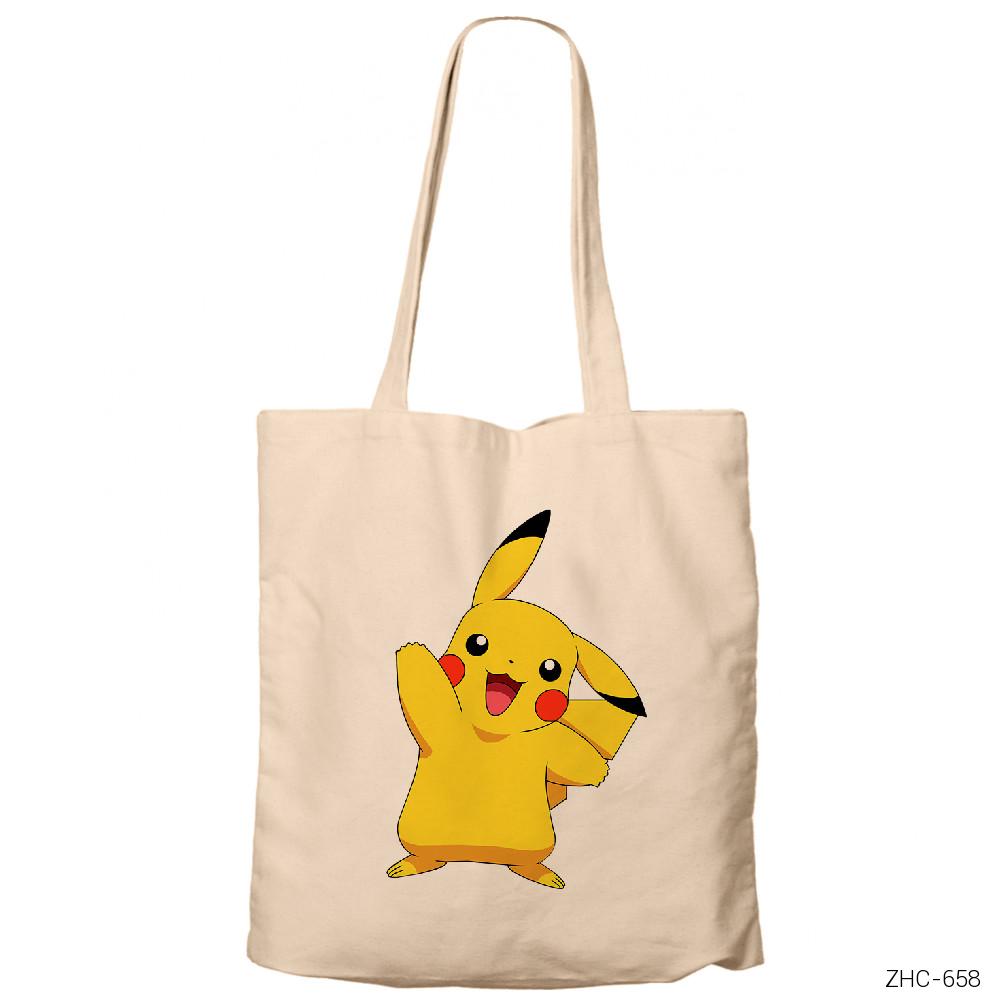 Pokemon Pikachu Krem Fermuarlı Bez Çanta Gabardin