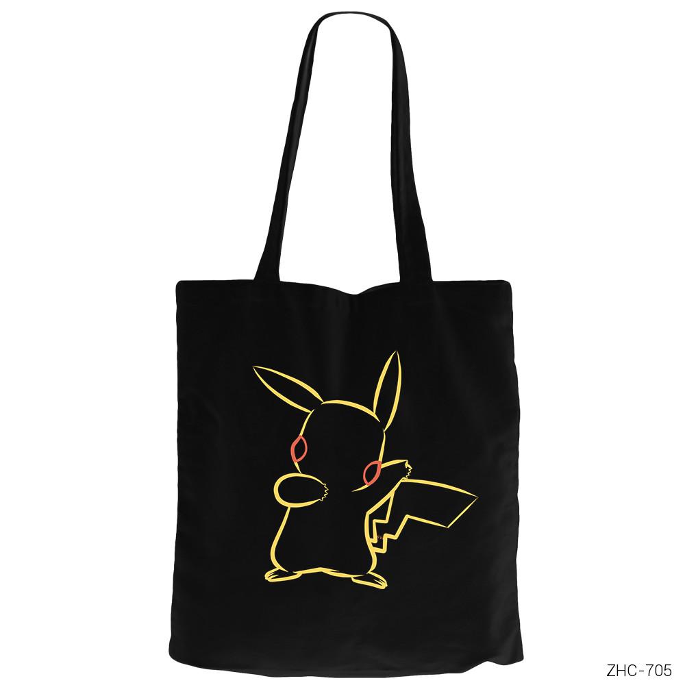 Pokemon Pikachu Line Siyah Fermuarlı Bez Çanta Gabardin