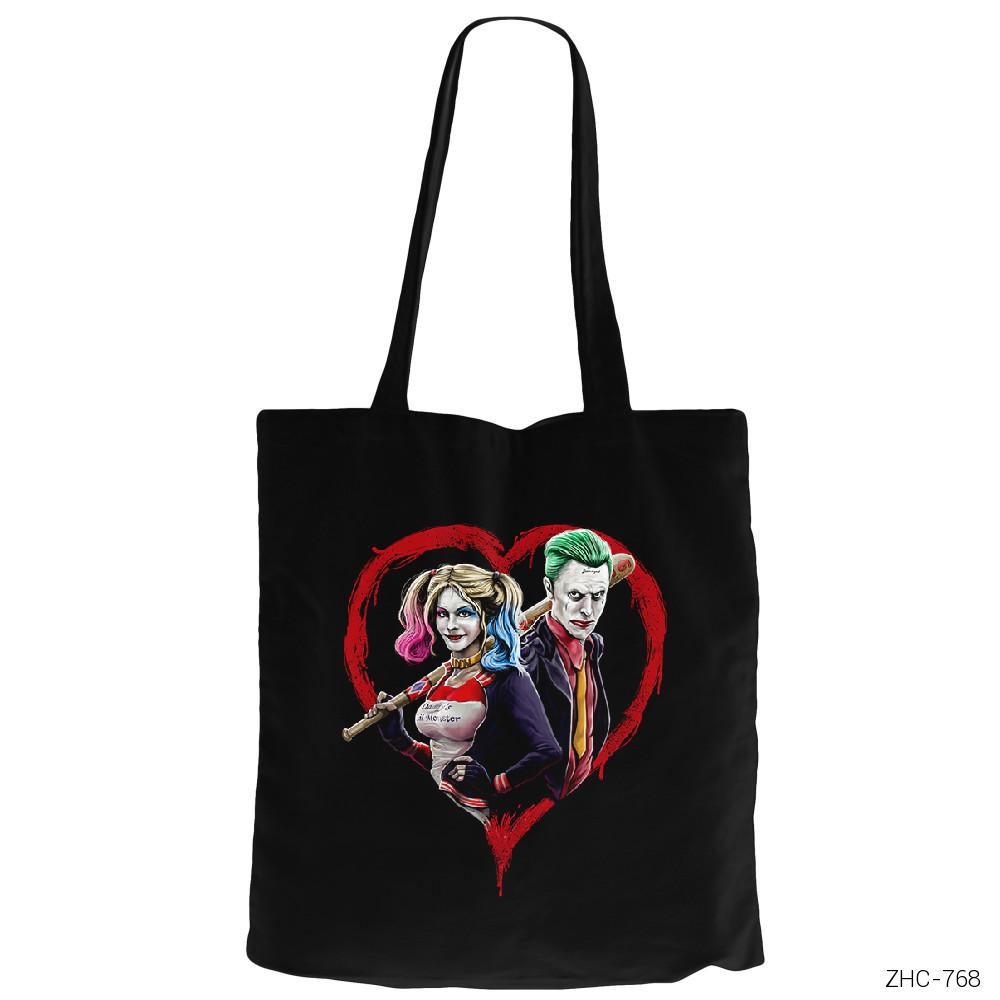 Suicide Squad Harley Quinn Joker Love Siyah Fermuarlı Bez Çanta Gabardin
