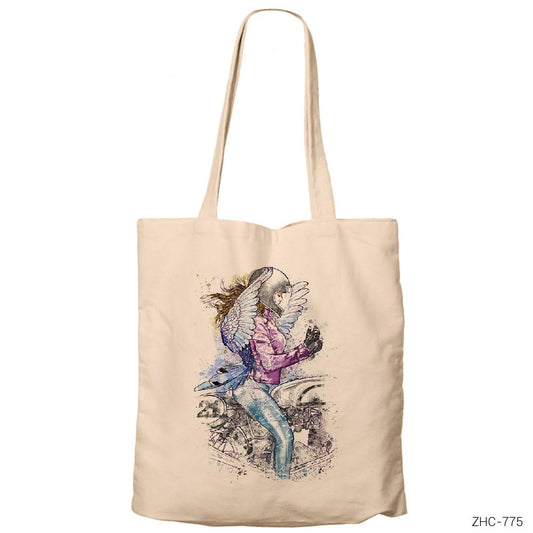Motorbiker Angel Girl Krem Fermuarlı Bez Çanta Gabardin