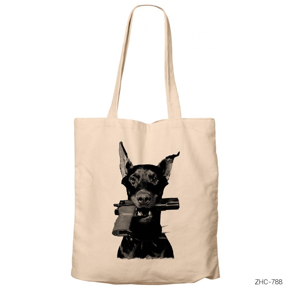 Doberman with Gun Krem Fermuarlı Bez Çanta Gabardin