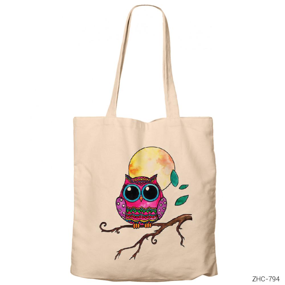 Şirin Baykuş Krem Fermuarlı Bez Çanta Gabardin