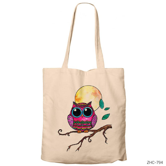 Şirin Baykuş Krem Fermuarlı Bez Çanta Gabardin