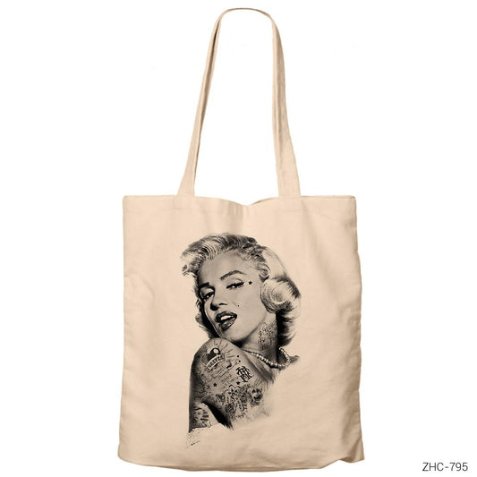 Marilyn Monroe Tattoo Krem Fermuarlı Bez Çanta Gabardin