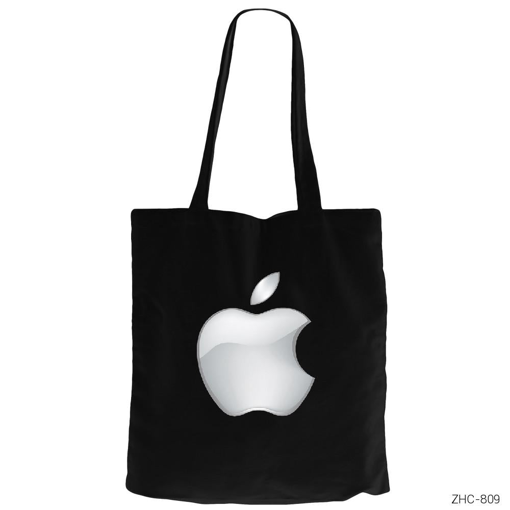 Apple Logo 3d Siyah Fermuarlı Bez Çanta Gabardin