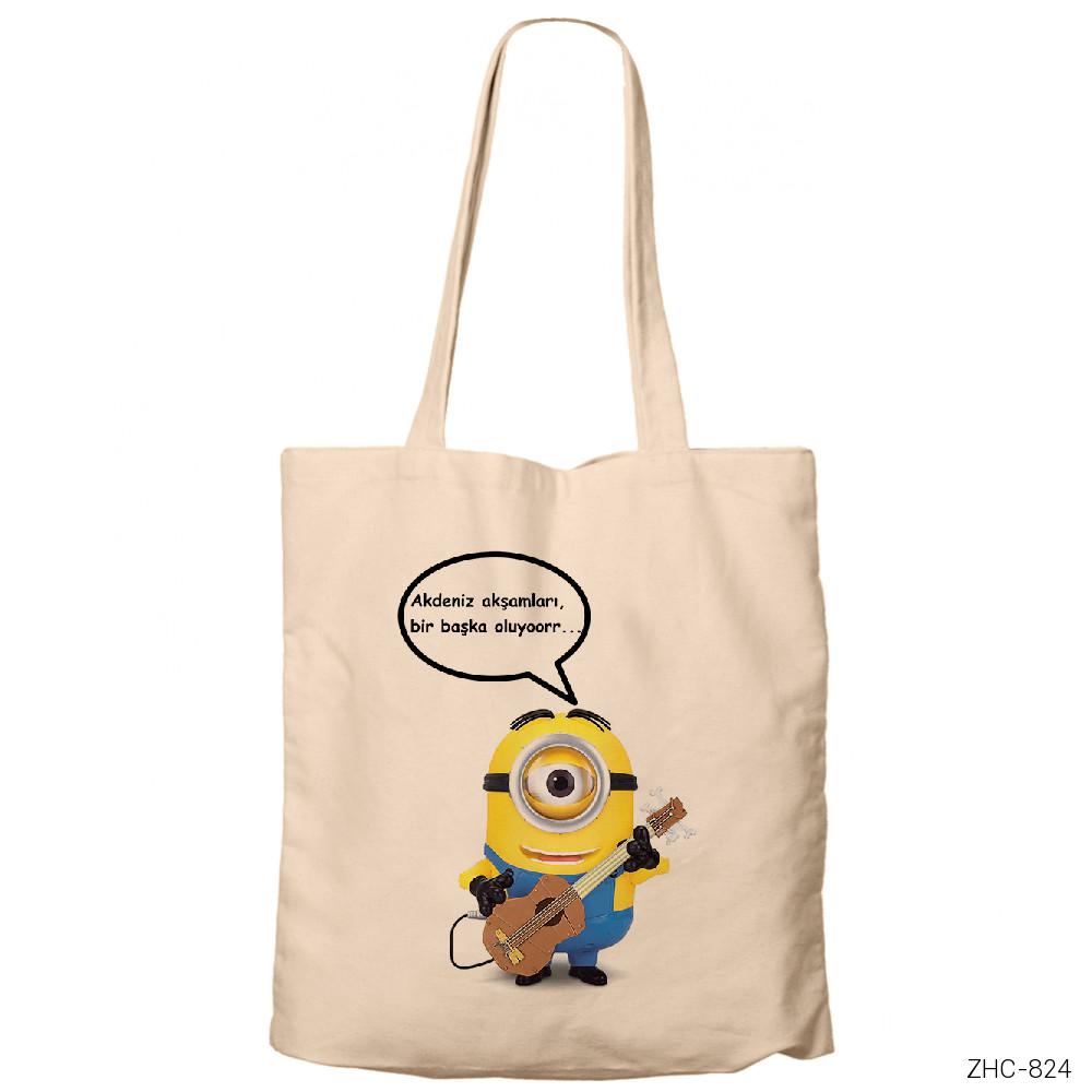 Minion Akdeniz Akşamları Krem Fermuarlı Bez Çanta Gabardin