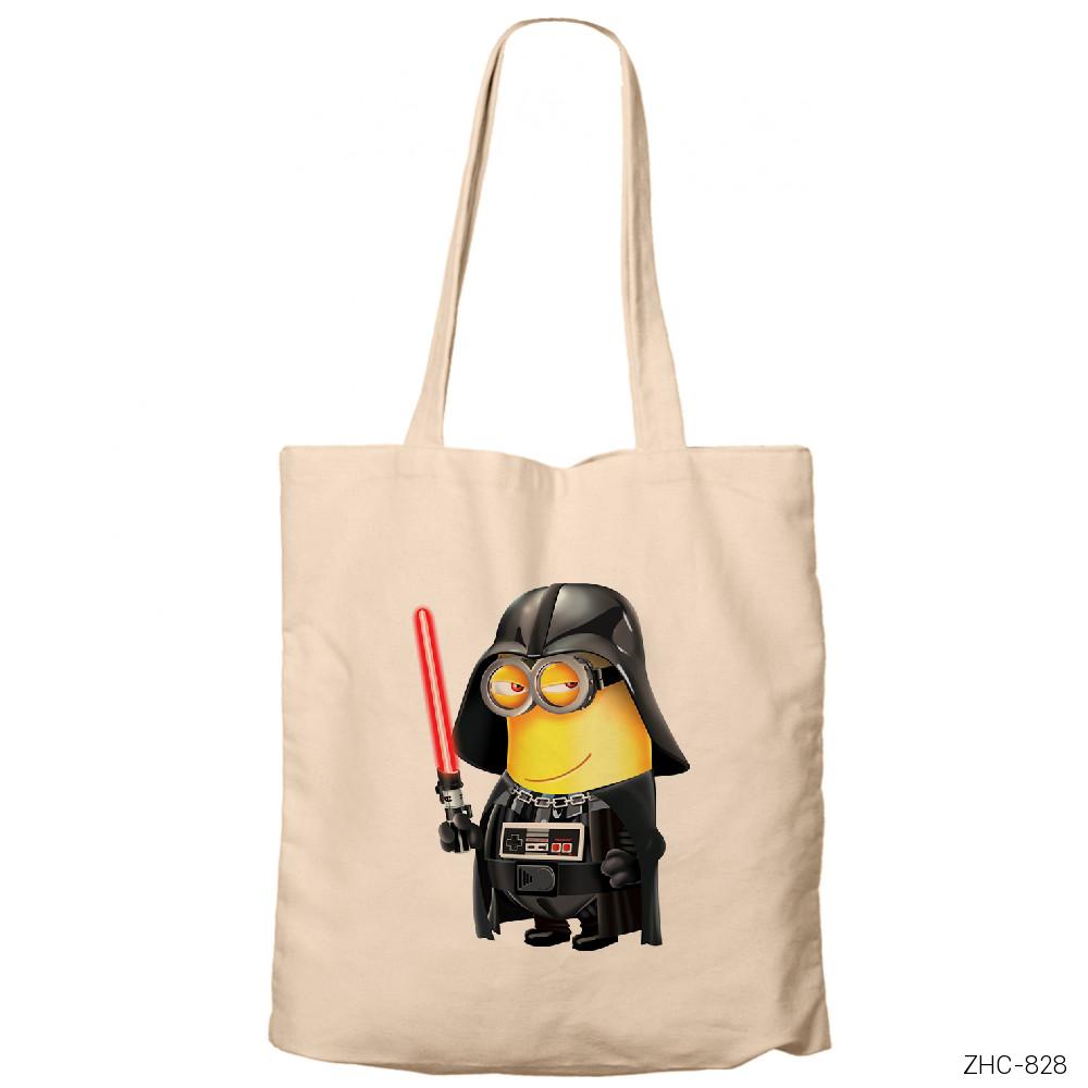 Minion Darth Vader Krem Fermuarlı Bez Çanta Gabardin
