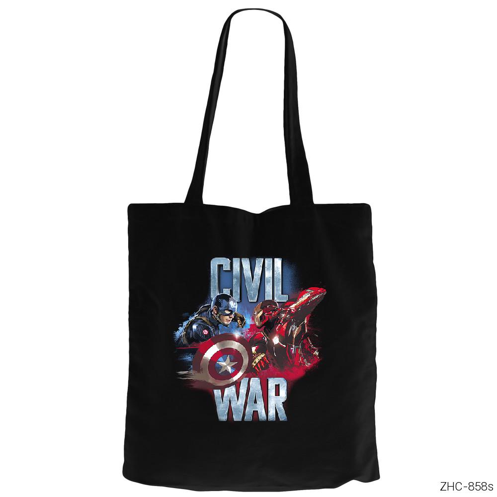 Civil War - Captain America Iron Man Siyah Fermuarlı Bez Çanta Gabardin