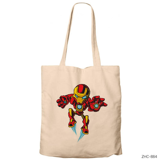 Iron Man Cartoon Krem Fermuarlı Bez Çanta Gabardin