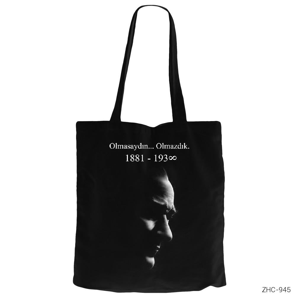 Atatürk Olmasaydın Olmazdık Siyah Fermuarlı Bez Çanta Gabardin